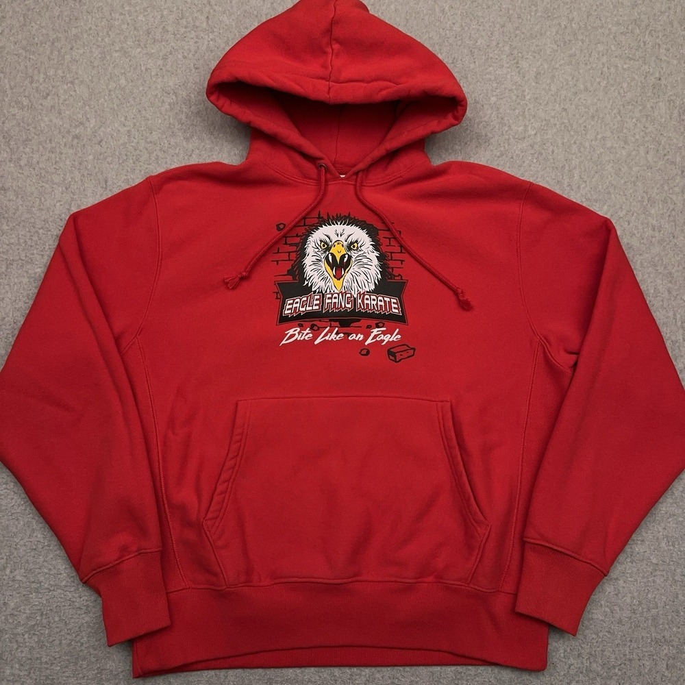 Champion Reverse Weave Cobra Kai Hoodie Men's Large Red Eagle Fang Karate EUC‎
